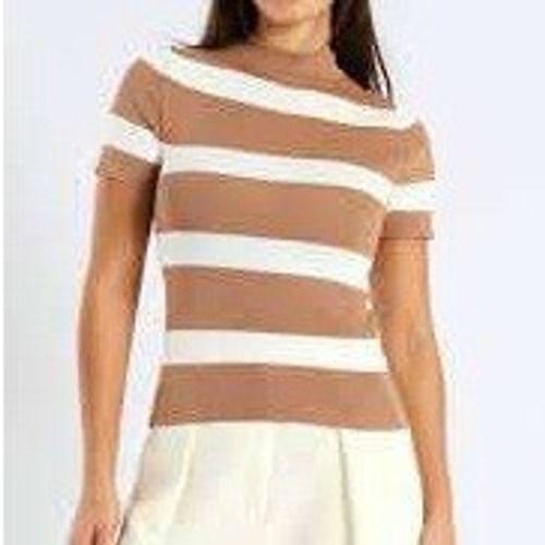 Magaschoni Tan Cream Striped Short Sleeve Crew Neck Sweater Size Xs